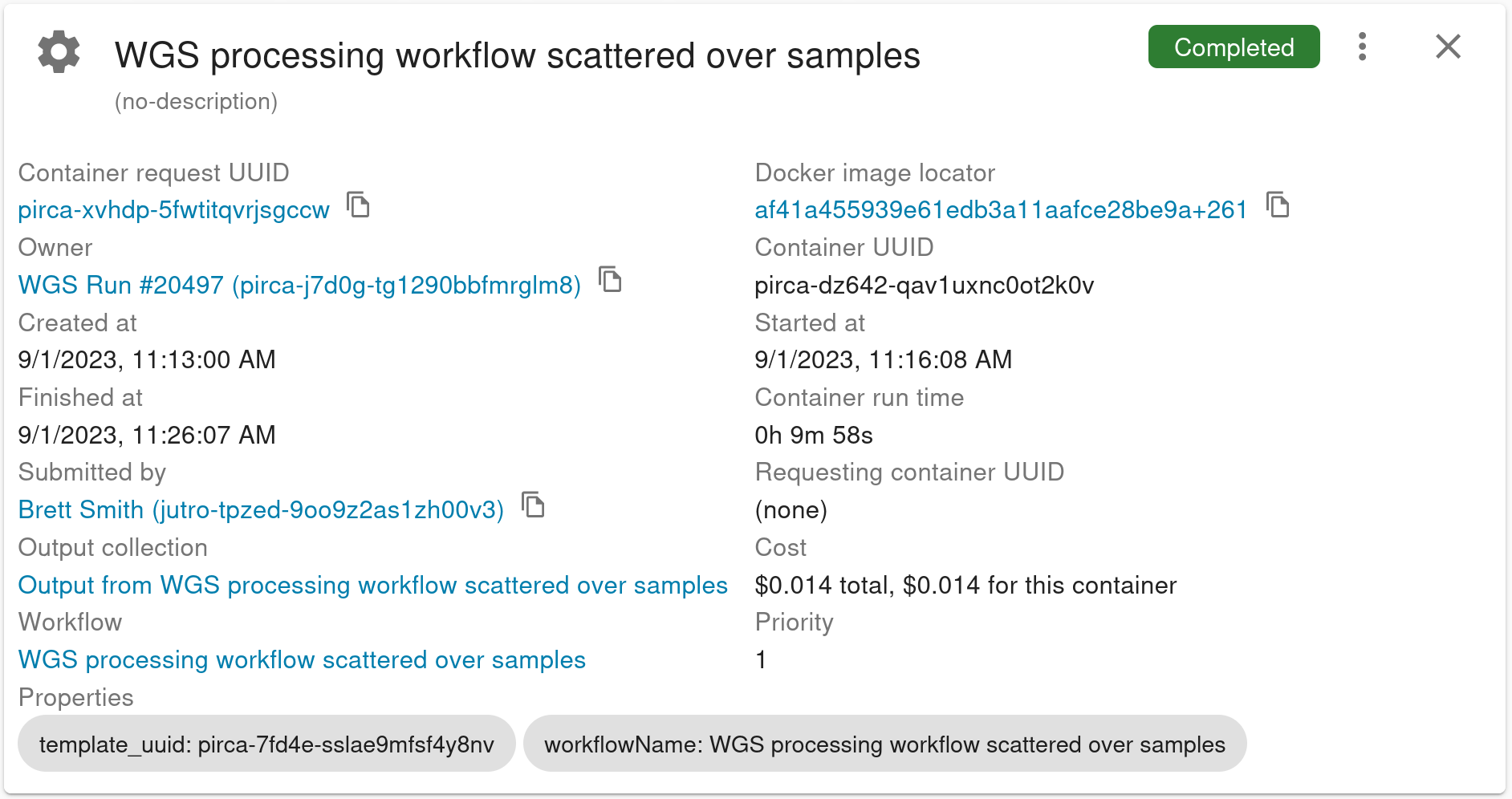 Workbench 2 screenshot that shows a completed workflow process including a single-line cost display and a link to the workflow definition