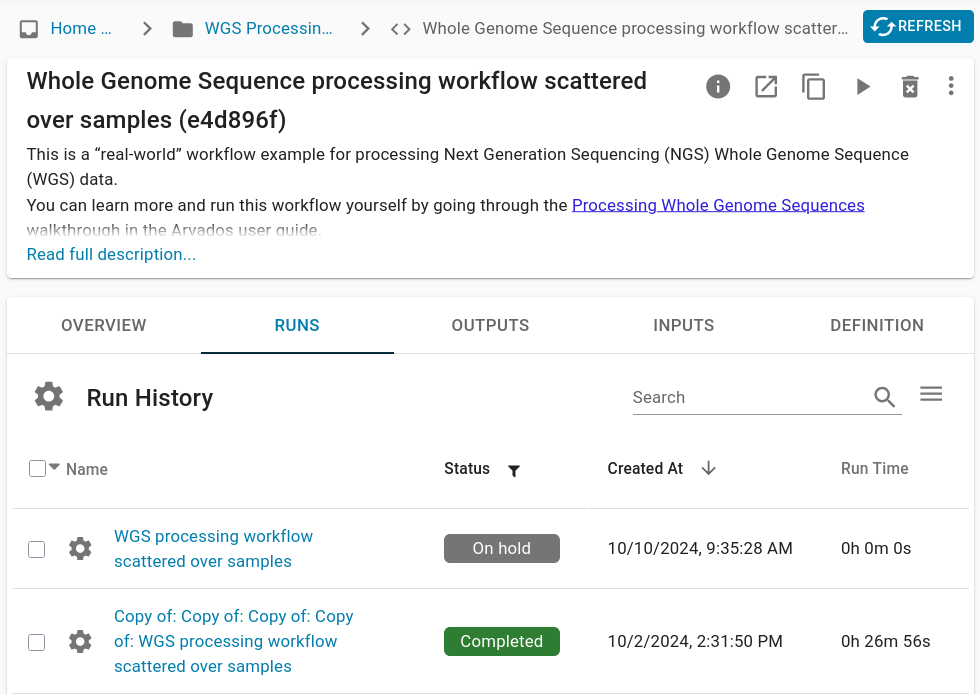 A screenshot of a WGS workflow in Arvados Workbench. A couple of sentences of description appear under the Title, followed by a “Read Full Description” link. The Runs tab is open to show queued and completed runs of the workflow.